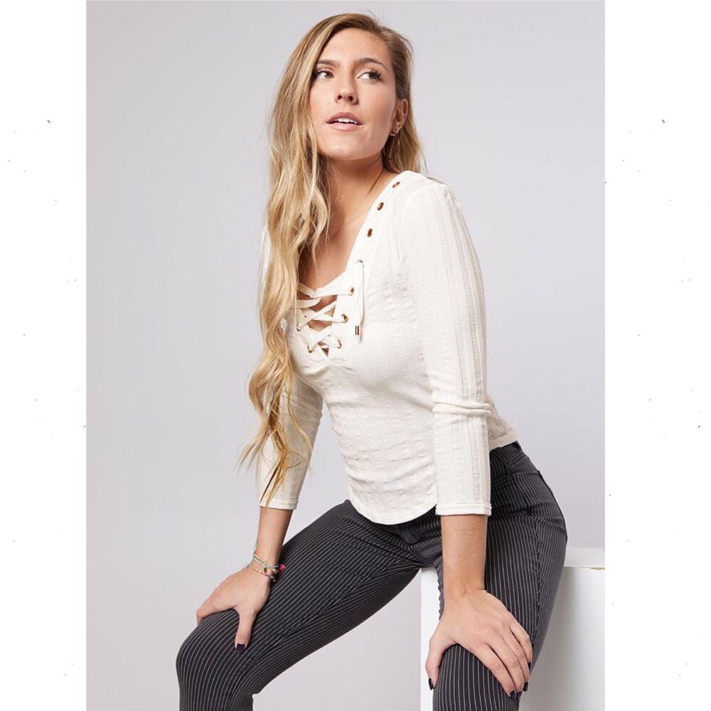 Free People Ice Cold Lace Up Ribbed Top White Size Medium - Picture 5 of 8